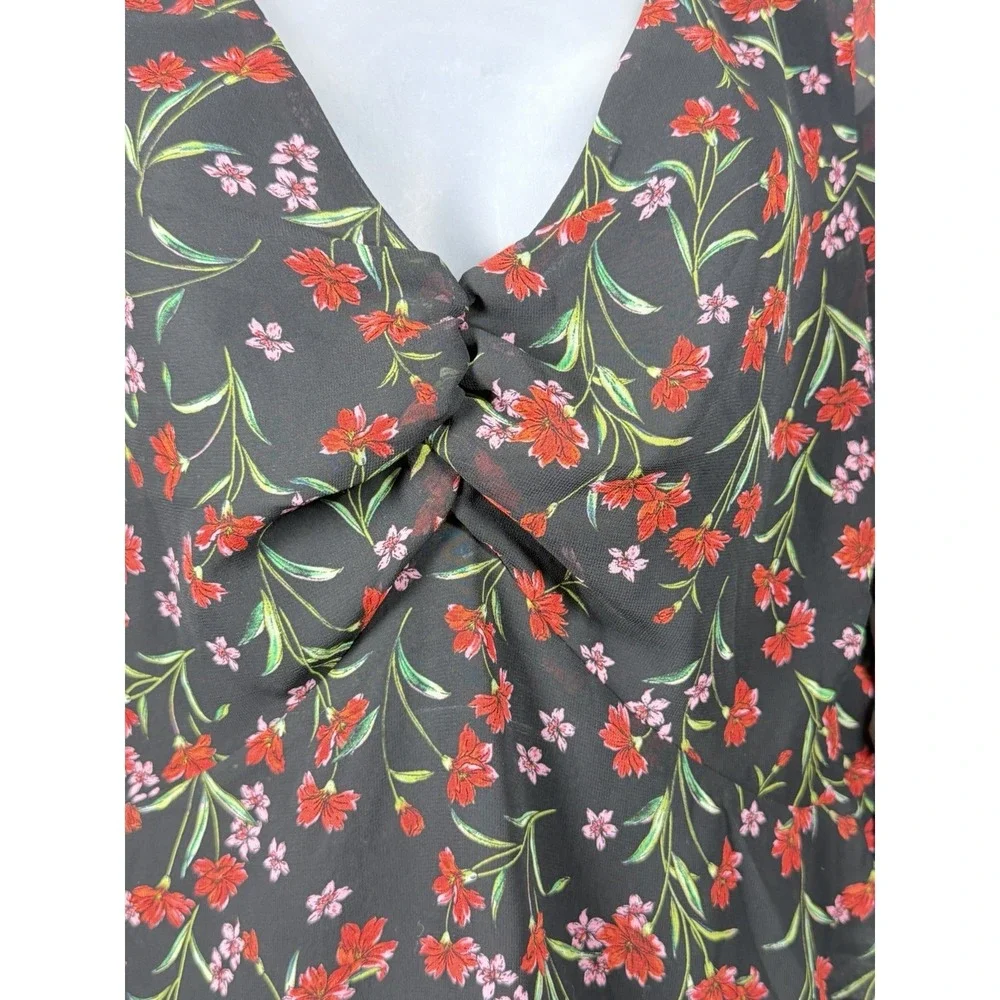 Banana Republic Floral Twist Front Blouse M Ruched Puff Sleeve Sheer Romantic‎
